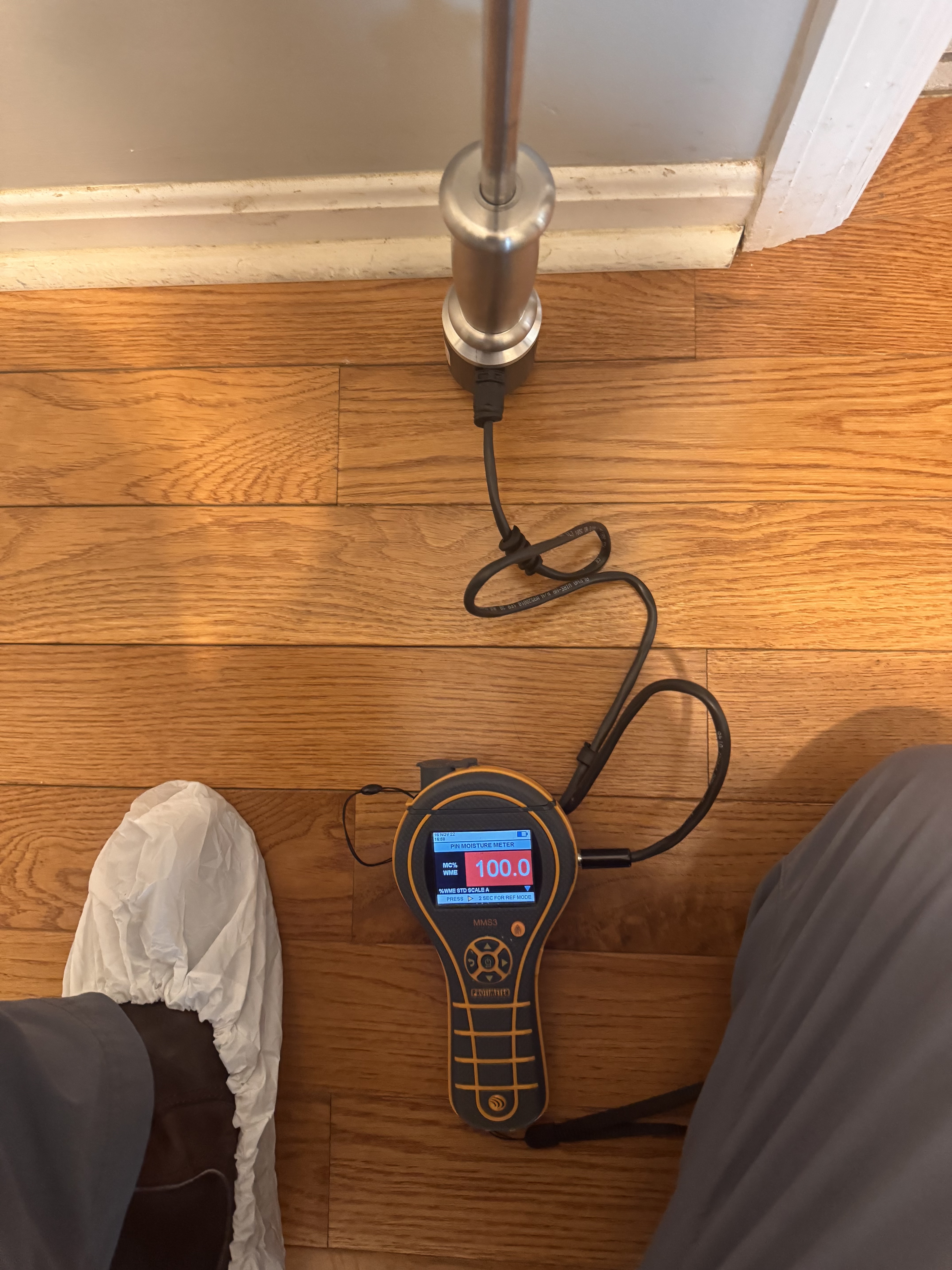 IRS technician using moisture meter to map water damage in a Louisville home